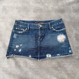 Denim Mini Skirt Women Size 8 Blue Distressed American Eagle Y2K Raw Hem